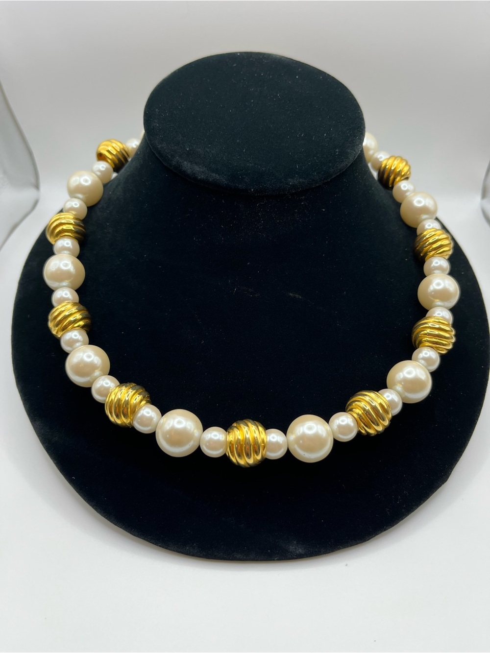 Anne Klein Elegant Pearl Necklace with Gold Ribbed Beads